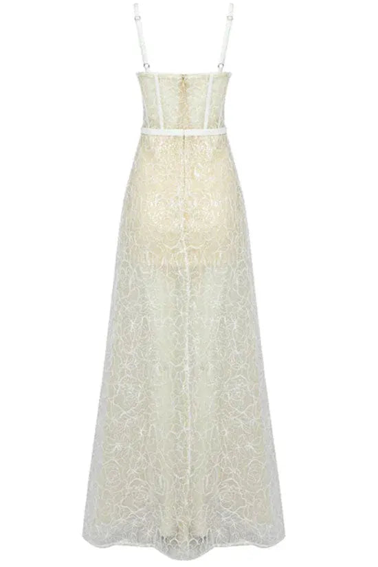 Glamorous Sweetheart Corset Floral Lace Champagne Floor-Length Prom Dress