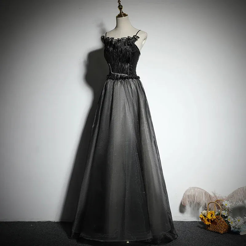 Glamorous Tulle-Satin Long Evening Dress Black Spaghetti-Strap Party Gown for Women