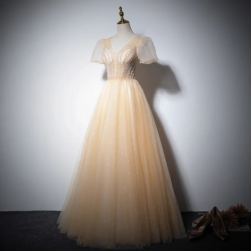 Glamorous Tulle Long Evening Dress Champagne V-Neck Puff Sleeve for Women