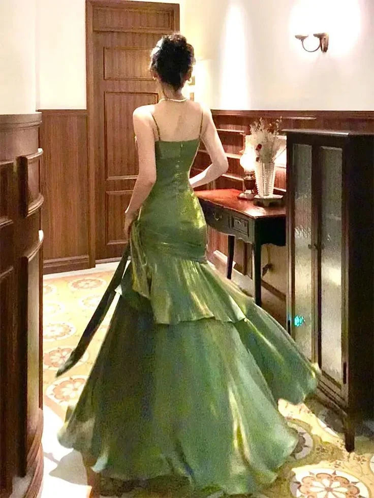 Glamorous A-Line Sweetheart Sleeveless Ruched Tiered Olive Green Floor-Length Evening Gown