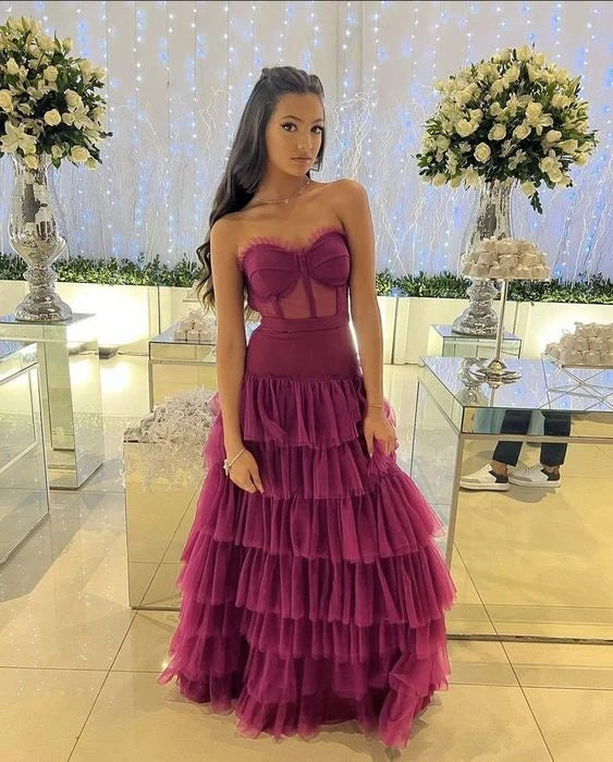 Glamorous A-Line Sweetheart Sleeveless Tiered Ruffle Magenta Floor-Length Evening Gown