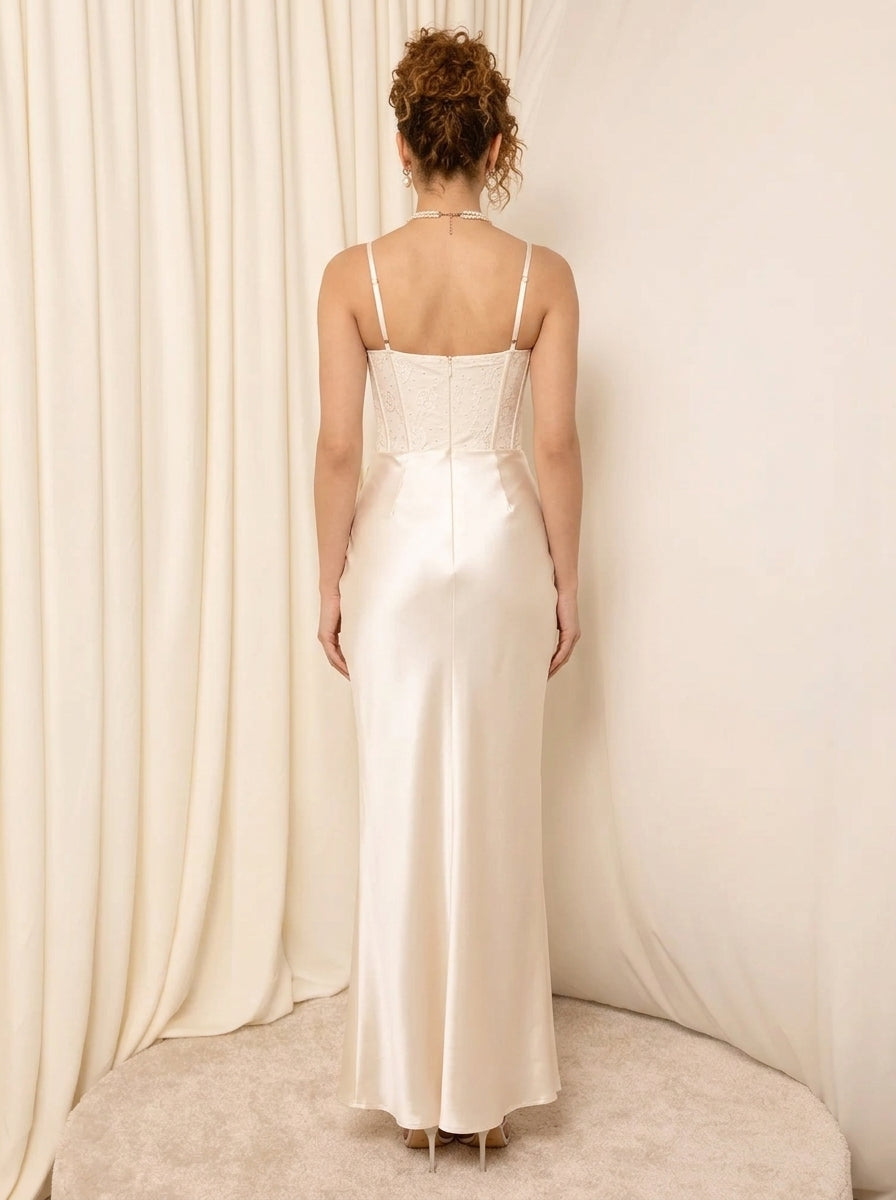 Glamorous Elegant Sheath Sweetheart Corset Lace Satin Ivory Floor-Length Prom Dress