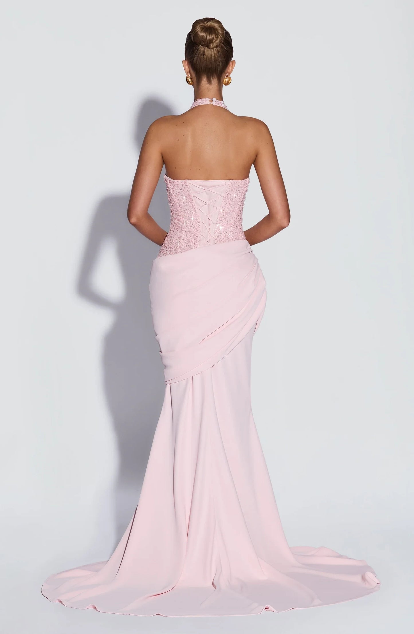Glamorous Mermaid Halter Draped Sequin Blush Pink Floor-Length Prom Dress
