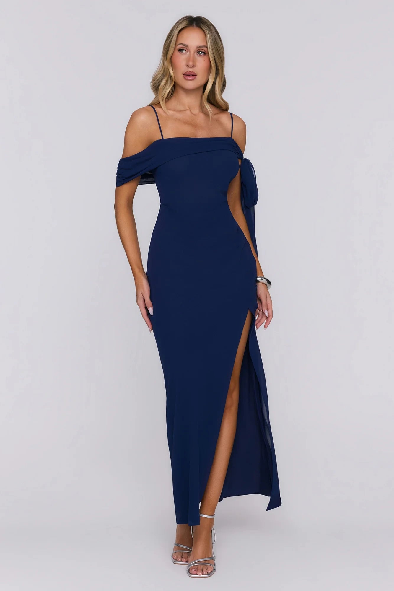 Glamorous Sheath Off-Shoulder Spaghetti Strap High Slit Navy Blue Floor-Length Prom Dress