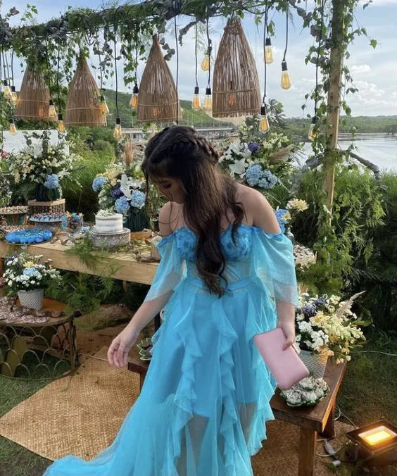 Glimmering Tulle Maxi Evening Dress Turquoise Off-Shoulder Ruffle for Women