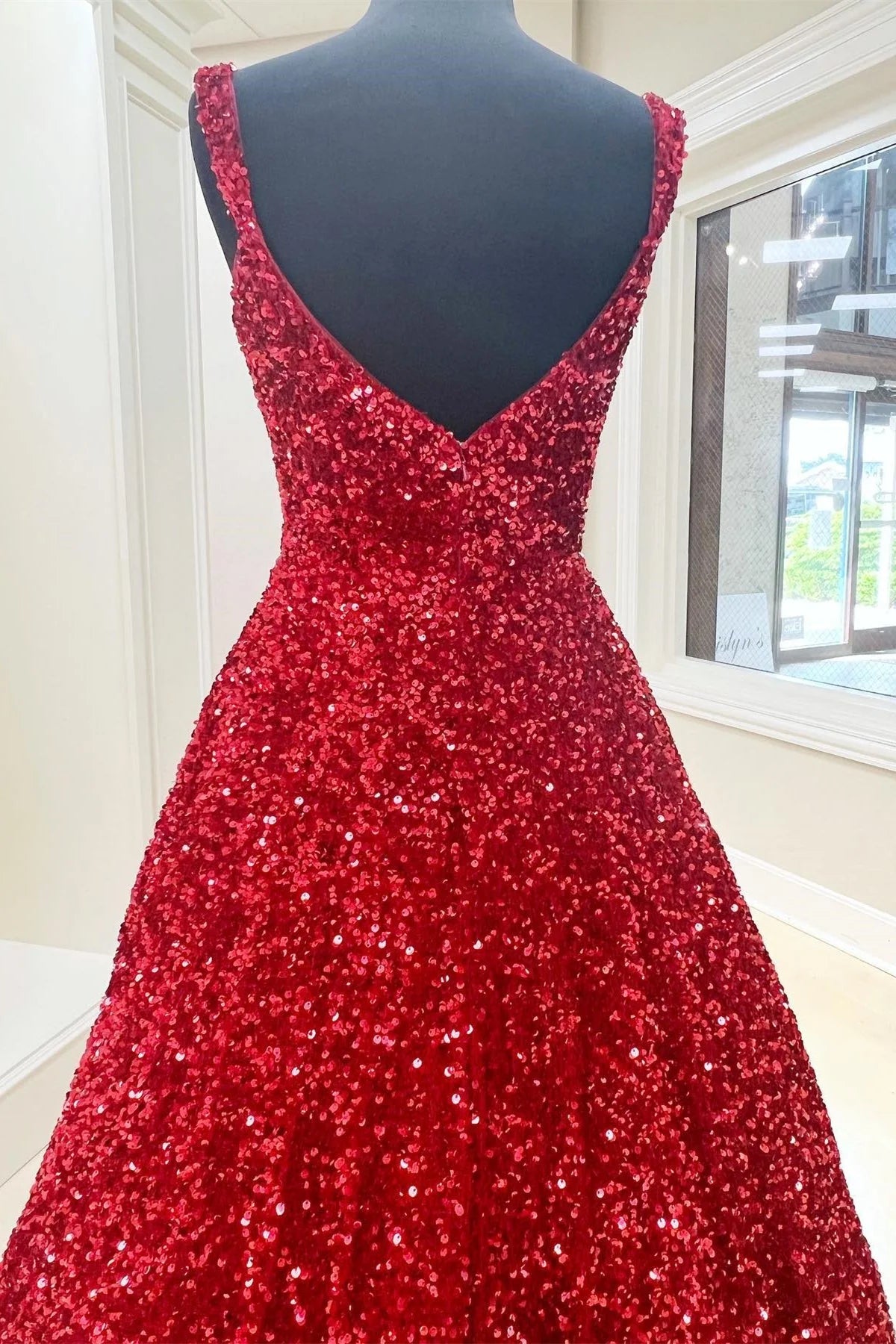 Glitter A-Line Square Neck Sleeveless Backless Sweep/Brush Train Prom Dress