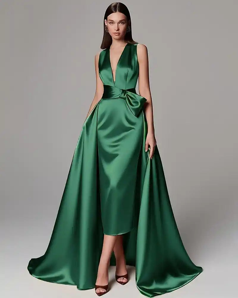 Gold Green A-Line Evening Gown Elegant Dress Formal Wedding Floor Length Sleeveless V Neck Champagne Mother Of the Bride Dress Stretch Satin with Bow(s) Pleats
