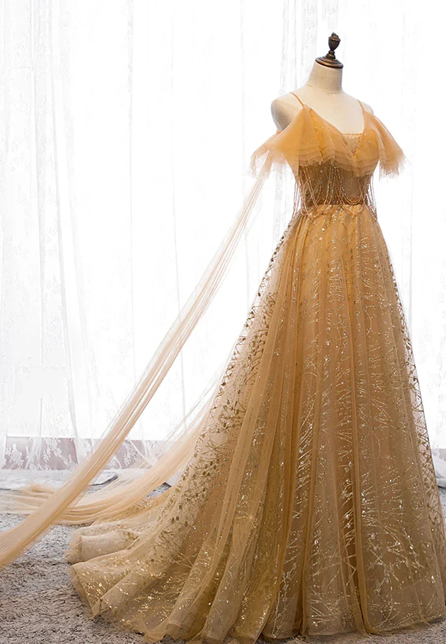 Gold V-Neck Tulle Long Prom Dresses A-Line Evening Dresses