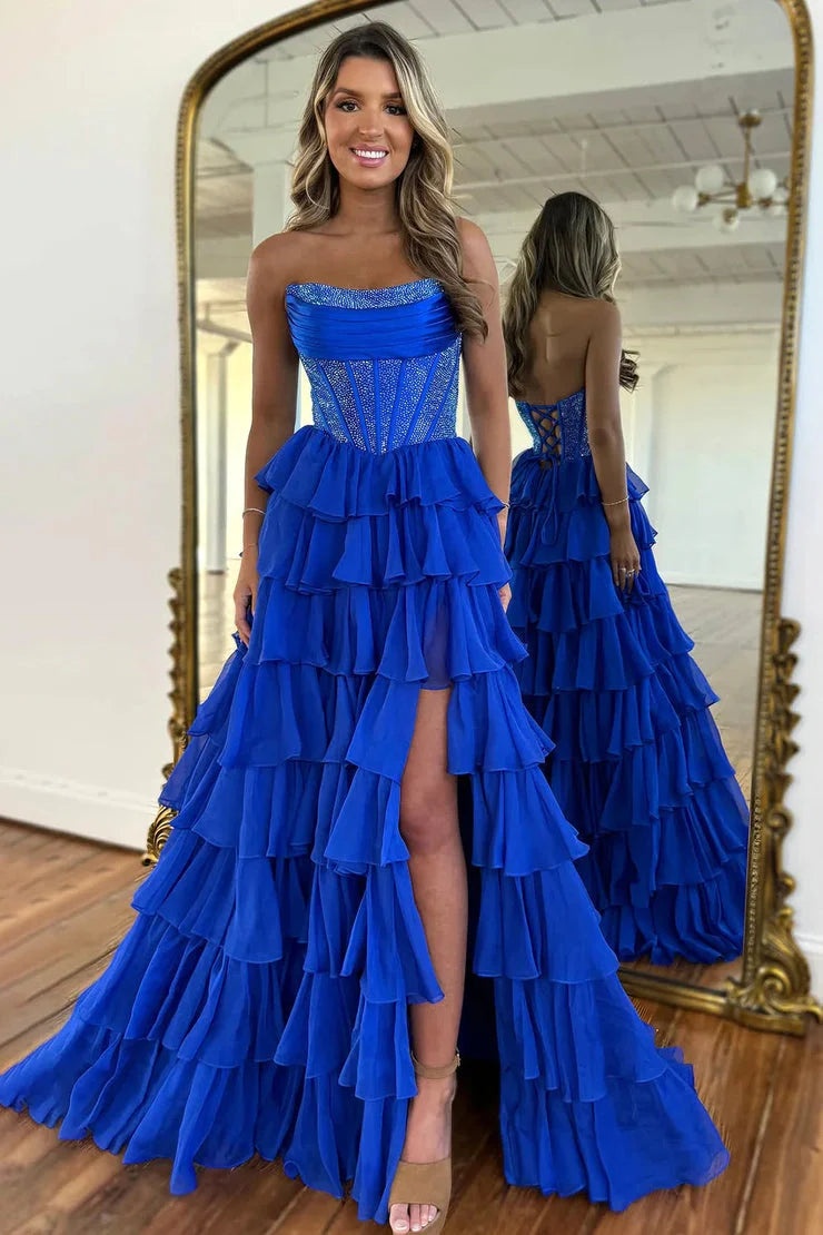 Gorgeous A Line Strapless Daffodial Tiered Chiffon Long Prom Evening Dresses
