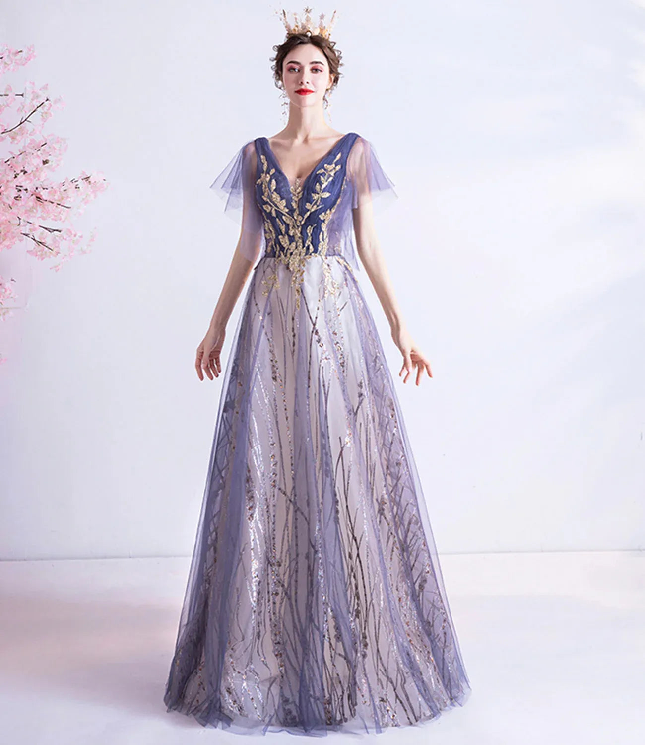 Gorgeous Ball Gown V Neck Flutter Sleeve Tulle Floor-Length Prom Dress