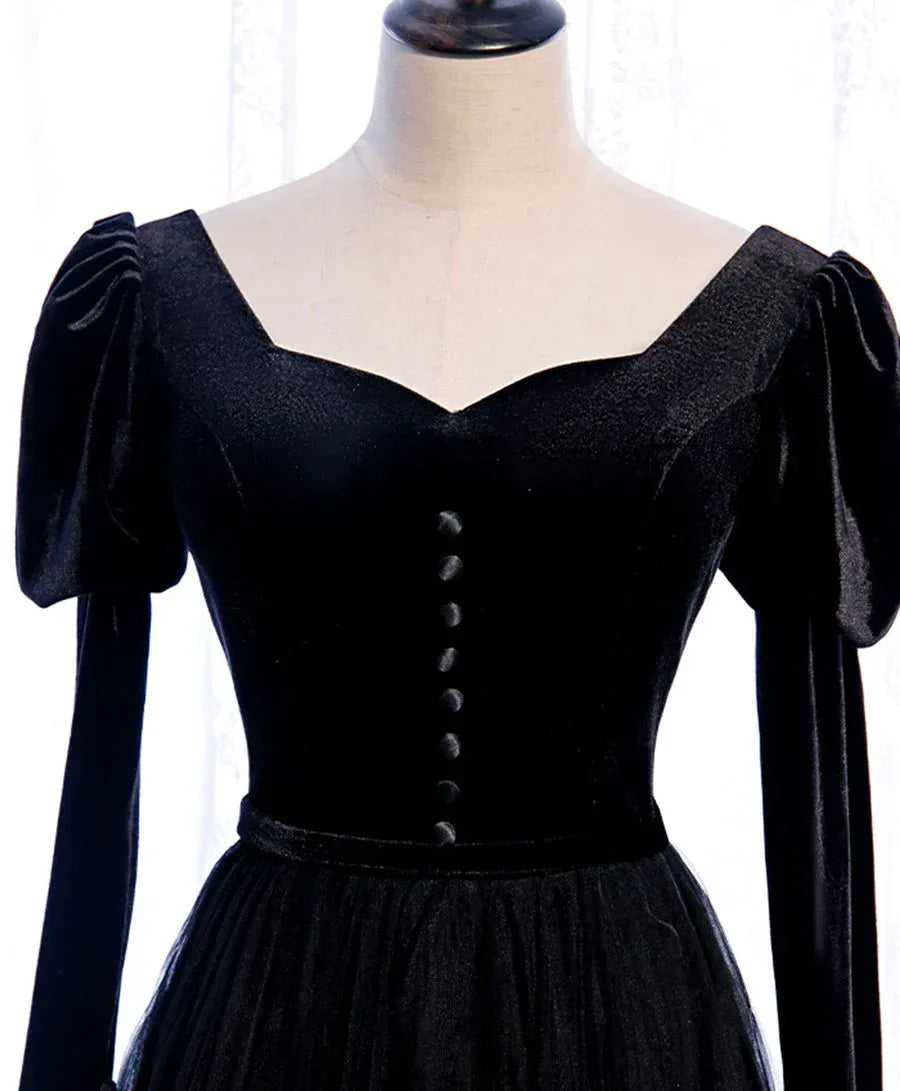 Gothic Ballgown Square-Neck Long-Sleeve Corset-Back Black Long Prom Dress for Women Ready to Ship