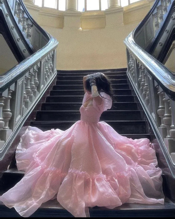 Graceful Ball Gown Off the Shoulder Puff Sleeve Tulle Pleated Sweep Train Evening Dress