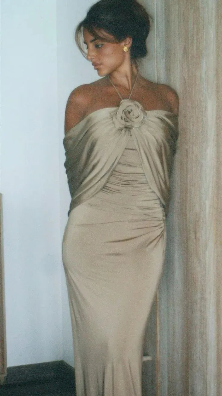 Graceful Sheath/Column Halter Neck Sleeveless Satin Lace Up Floor Length Prom Dress