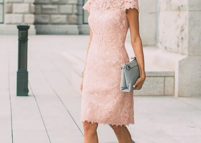 Graceful Sheath/Column High Neck Cap Sleeve Lace Up Knee-Length Prom Dress