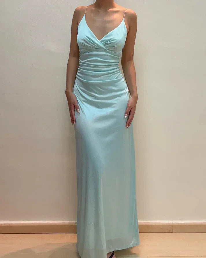 Graceful V Neck Bodycon Sleeveless Pleated Floor-Length Prom Dress