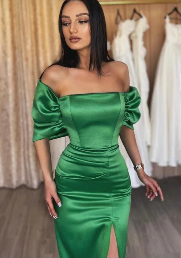 Green Evening Dress Off-Shoulder Satin Wedding Guest Dress With Split