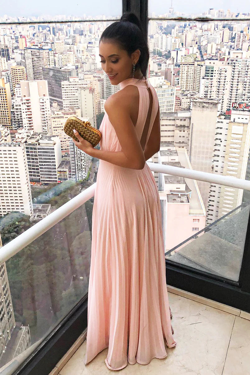 High Neck Hollow Out Long Pink Prom Dress with Pleats/Formal Women's Dresses