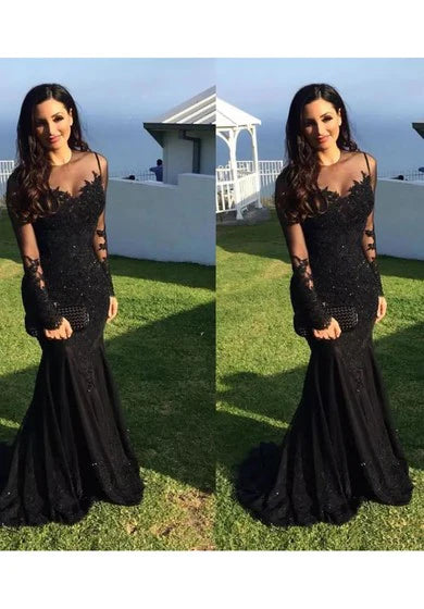 High Neck Mermaid/Trumpet Floor-length Sweep Brush Train Long Sleeve Lace Evening Dress With Lace Up Back