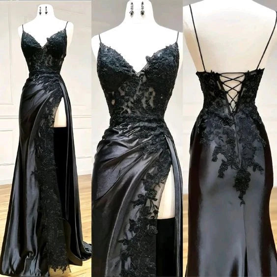 Hot Black Long Prom Dress Lace V Neck Formal Dresses A Line High split