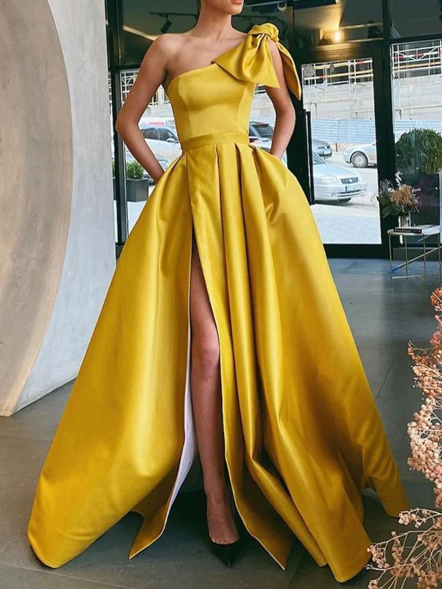 Hot One Shoulder Prom Dresses Satin Long Evening Dress with Split