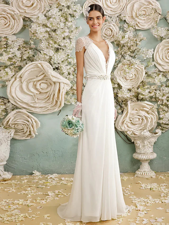 Wedding Dresses V Neck Chiffon Sheer Lace Short Sleeve Casual Vintage See-Through Plus Size Backless with Crystal Button