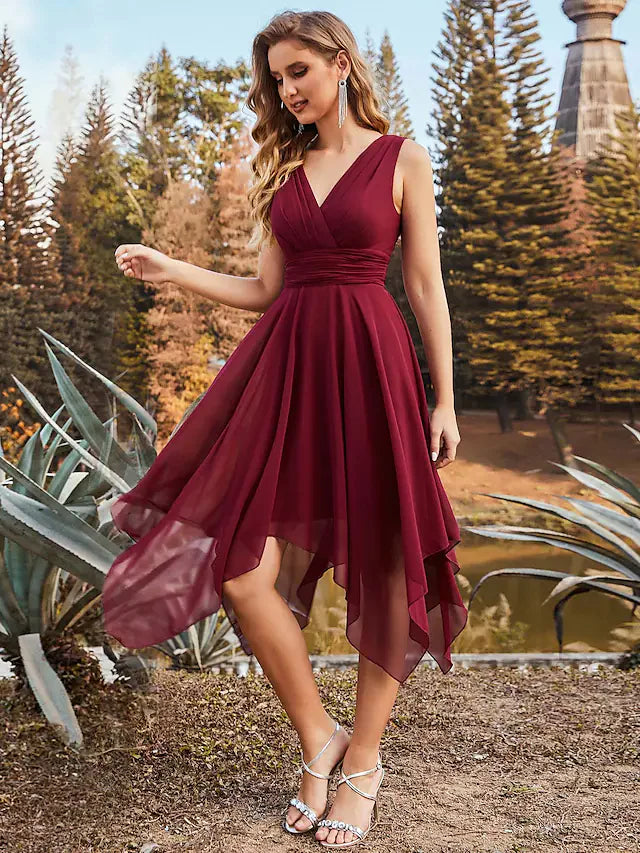 A-Line V Neck Asymmetrical Chiffon Bridesmaid Dress with Ruching