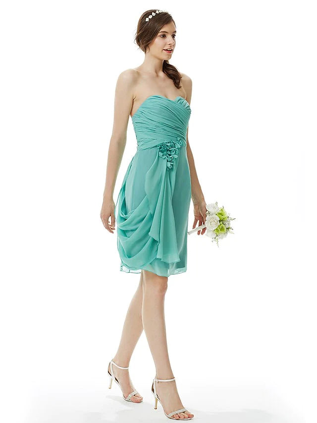 Sweetheart Neckline Strapless Knee Length Chiffon Bridesmaid Dress with Criss Cross Side Draping Flower