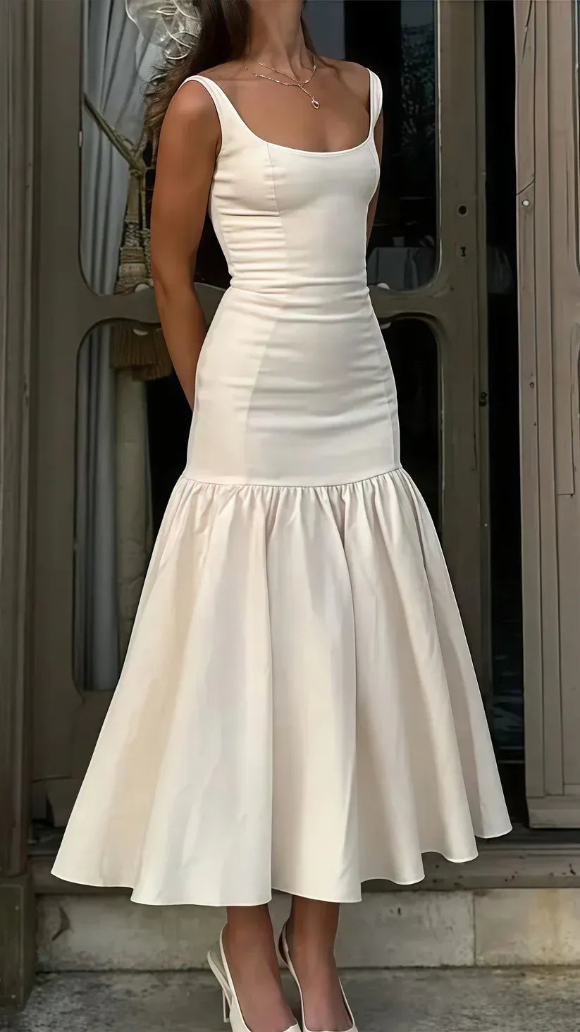 Ivory Square Neck Wide Strap Ruffle Hem Midi Formal Cocktail Dress