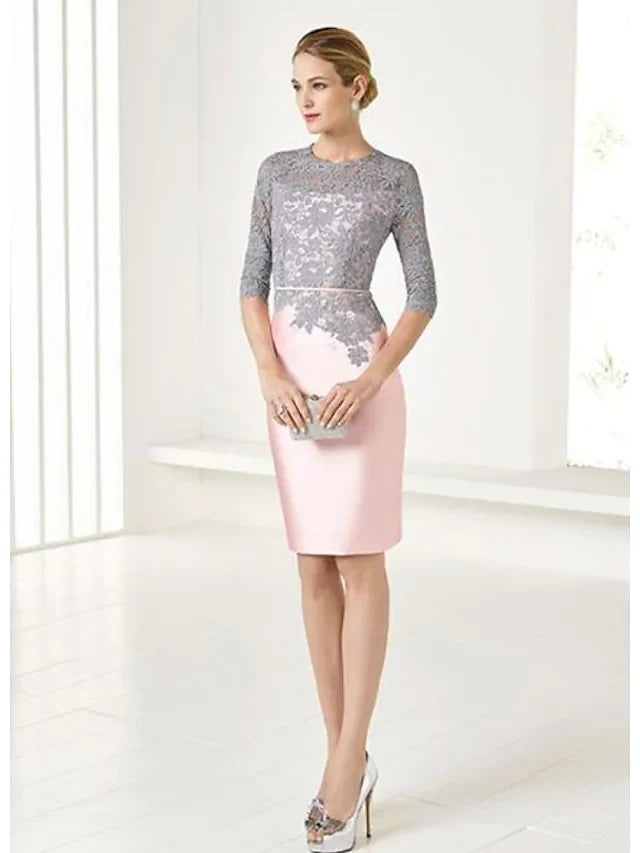 Mother of the Bride Dress Wrap Included Jewel Neck Knee Length Lace Satin 3/4 Length Sleeve with Lace