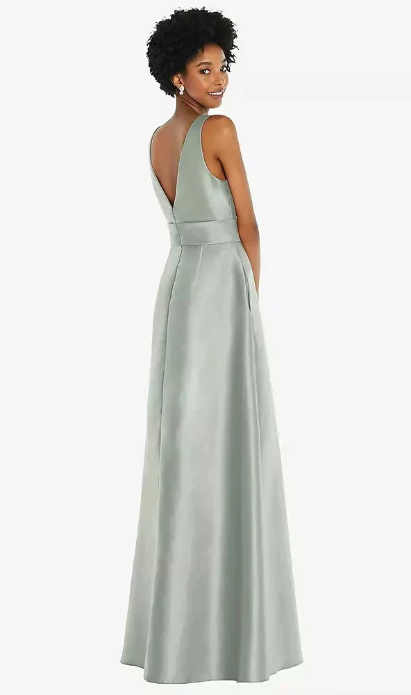 Jewel-Neck V-Back Maxi Dress with Mini Sash in Willow Green