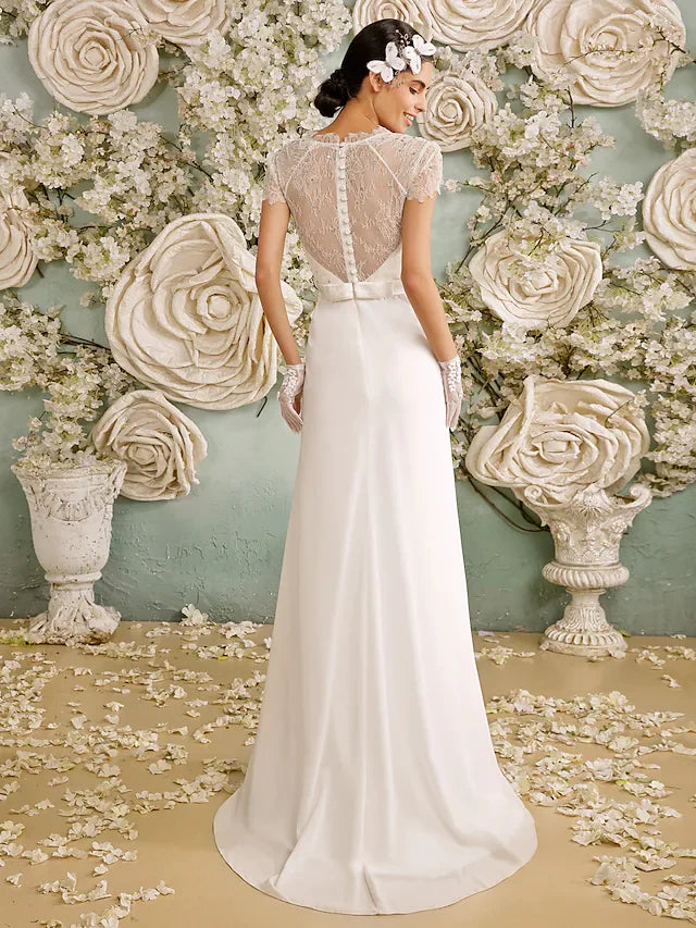 Wedding Dresses V Neck Chiffon Sheer Lace Short Sleeve Casual Vintage See-Through Plus Size Backless with Crystal Button