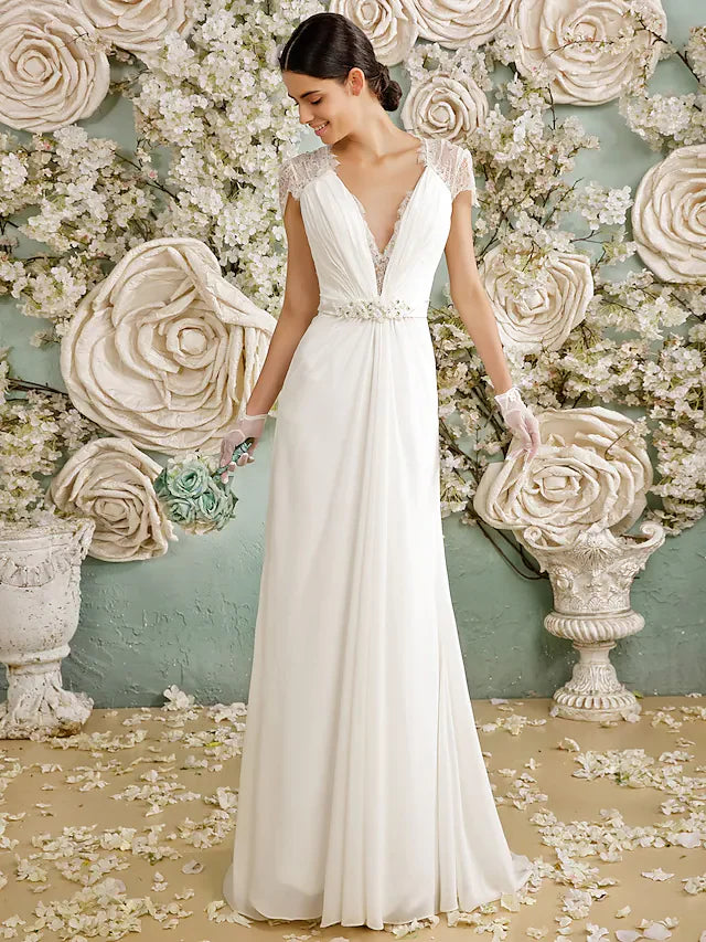 Wedding Dresses V Neck Chiffon Sheer Lace Short Sleeve Casual Vintage See-Through Plus Size Backless with Crystal Button
