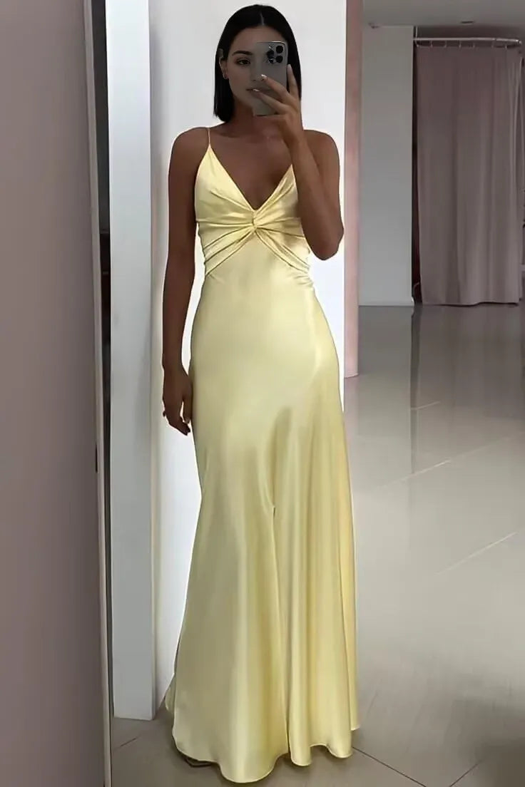 Elegant Knot-Front High-Slit Maxi Evening Dress & Open-Back Bow-Tie Satin Maxi Evening Dress
