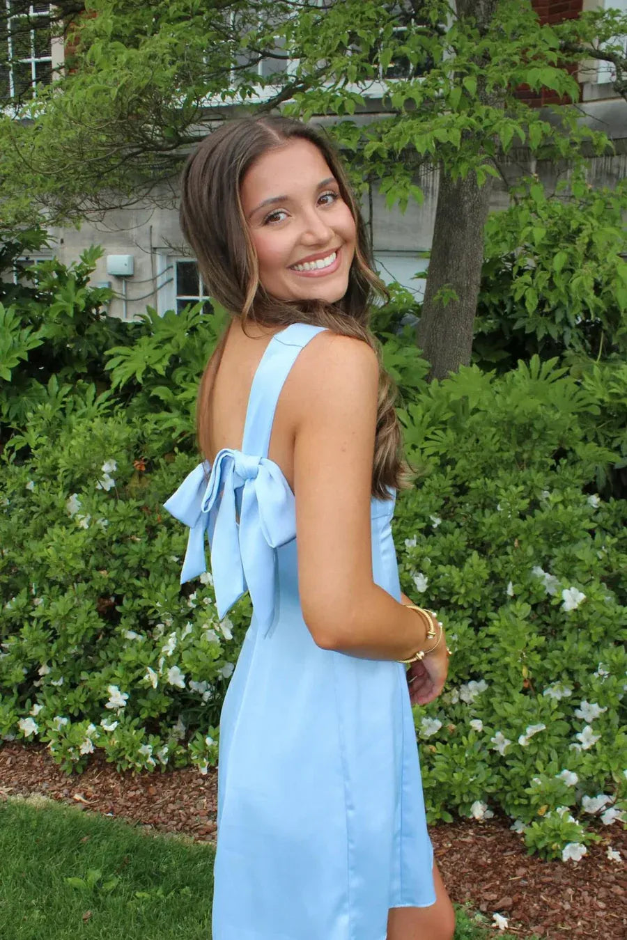 Light Blue Square Neck Bow Back Satin Short Homecoming Dress