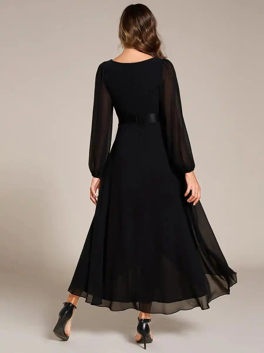 Long Sleeve A Line Chiffon Pleated Asymmetrical Hem Formal Dress Mother Of The Bride Dresses