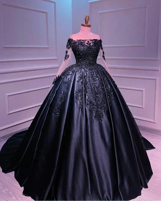 Long Sleeve Ball Gown Lace Appliques Plus Size Satin Wedding Dresses UK