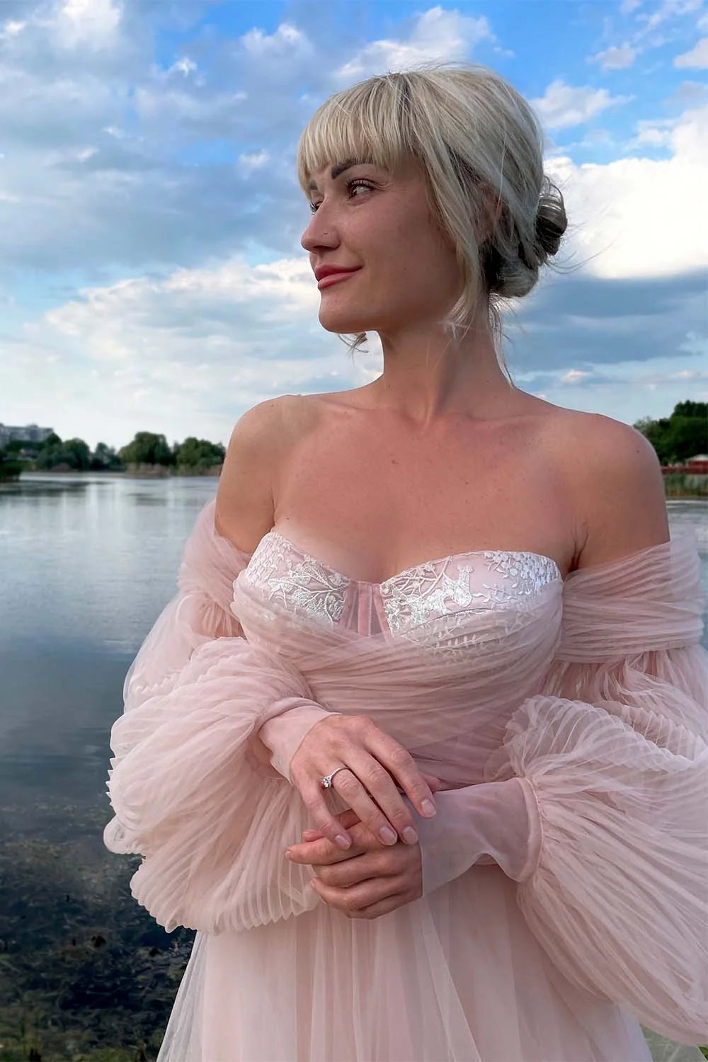 Long Sleeves Light Pink Tulle Prom Gown