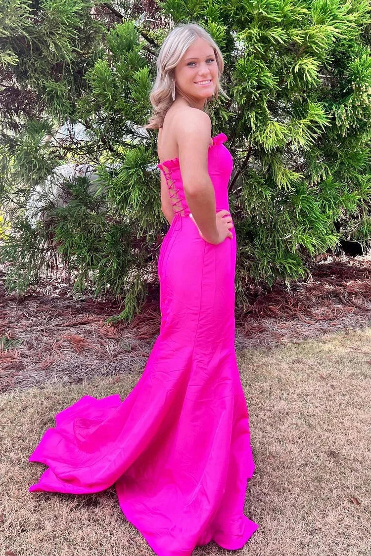 Long Strapless Red Satin Dress for Prom Mermaid with Slit