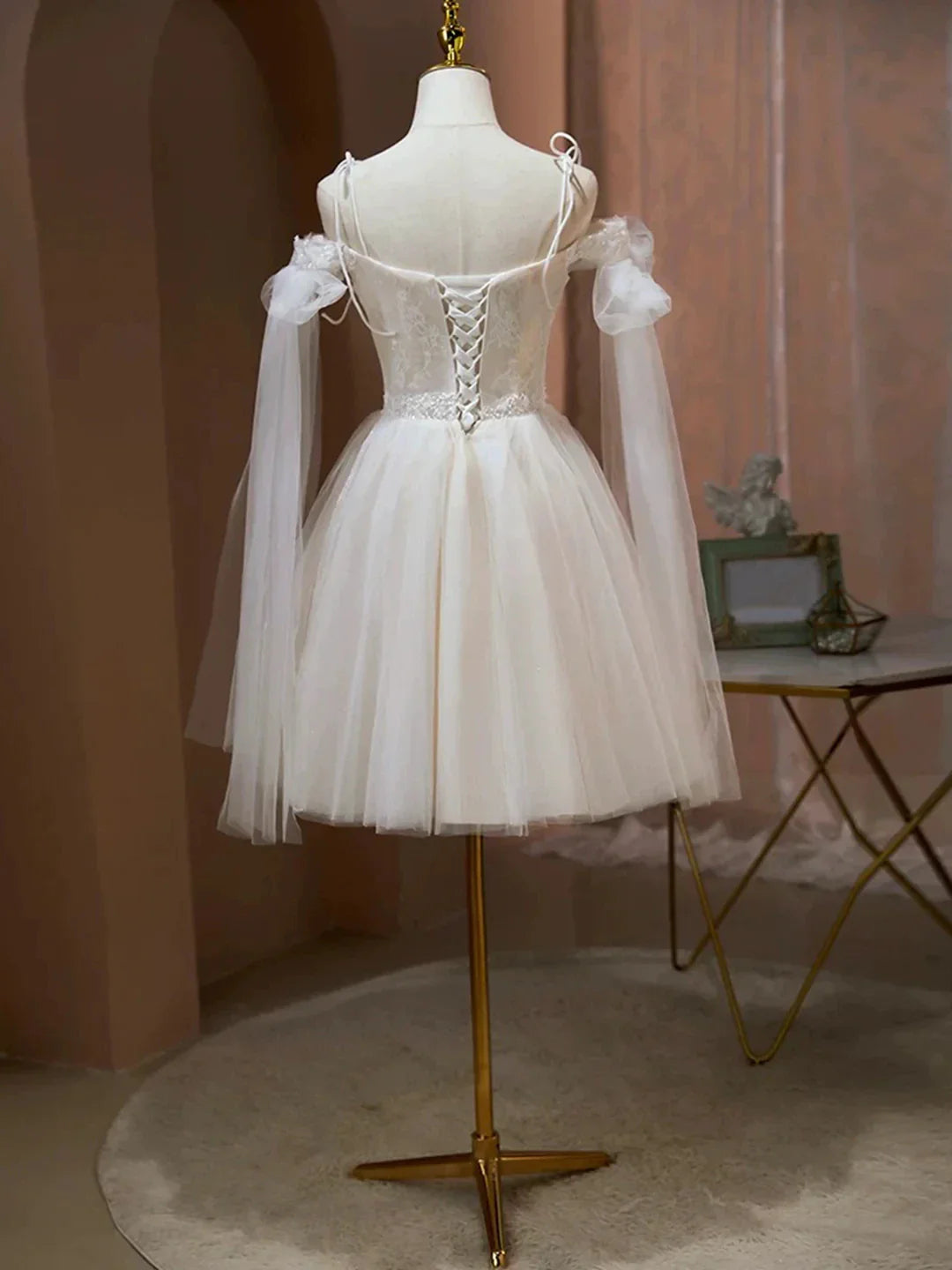 Lovely A-Line Tulle Lace Knee Length Prom Dress Ivory Off the Shoulder Party Dress