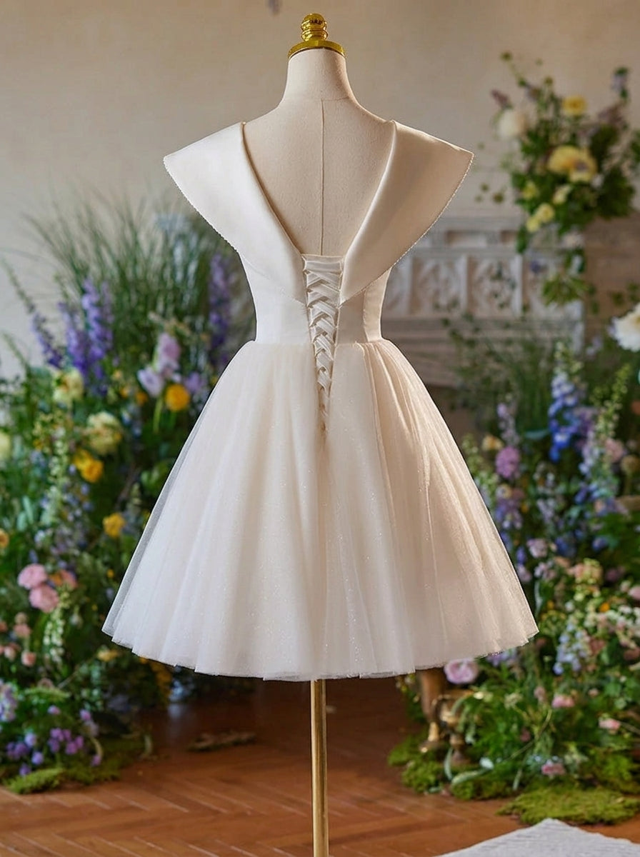 Lovely A-Line Shawl Collar Dainty Bow Glitter Tulle Ivory Short Homecoming Dresses