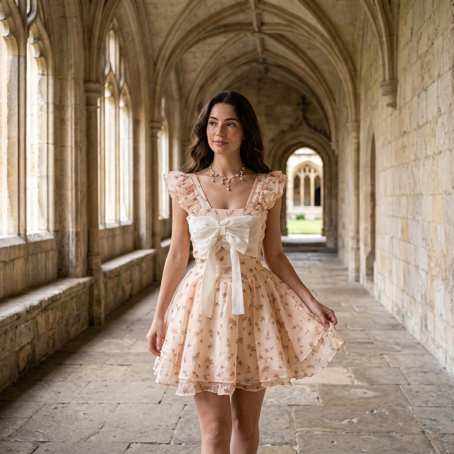 Lovely A-Line Square Neck Ruffled Floral Tiered Peach Mini Homecoming Dress