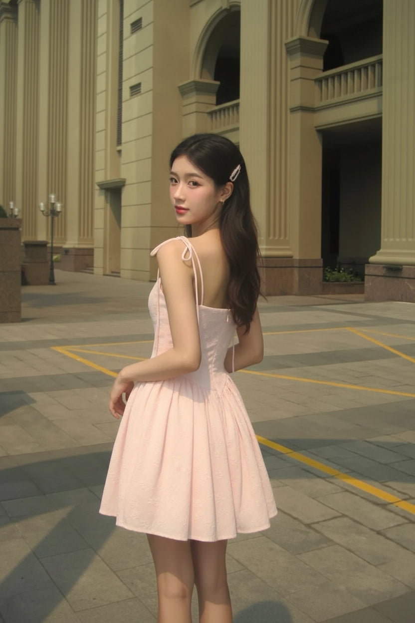 Lovely A-Line Straight Neck Tie-Strap Textured Pastel Pink Short Homecoming Dresses