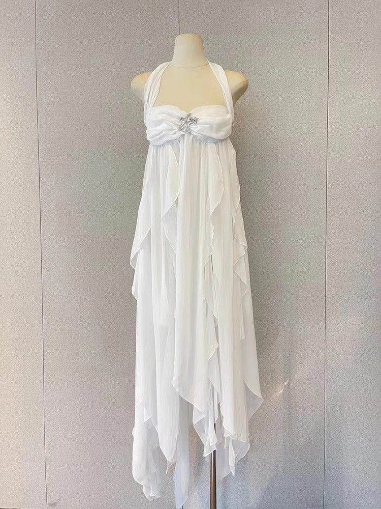 Lrregular Dresses Halter sleeveless High Waist Folds Elegant Off Shoulder Dress Female Fashion Clothing Prom Dress