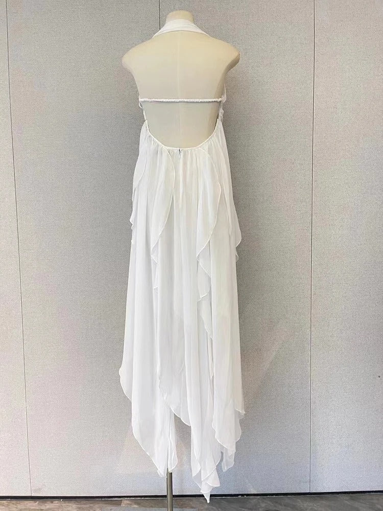 Lrregular Dresses Halter sleeveless High Waist Folds Elegant Off Shoulder Dress Female Fashion Clothing Prom Dress