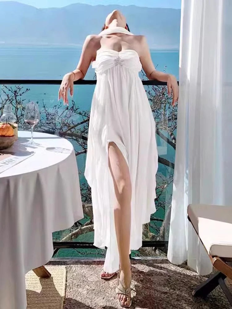 Lrregular Dresses Halter sleeveless High Waist Folds Elegant Off Shoulder Dress Female Fashion Clothing Prom Dress