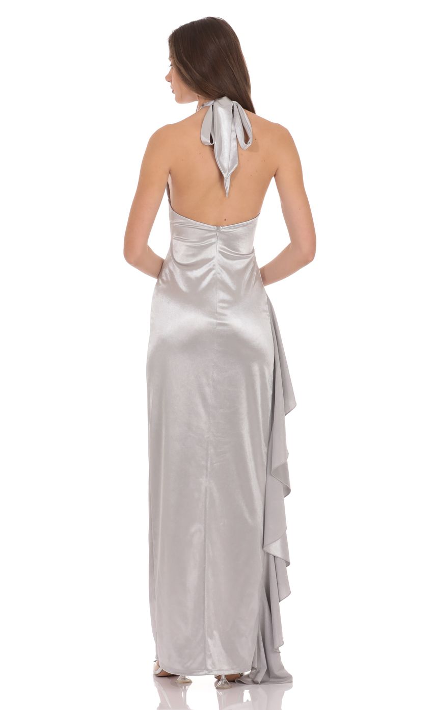 Luxe High-Low Mermaid Halter-Neck Open-Back Silver Satin Floor-Length Prom Dresses