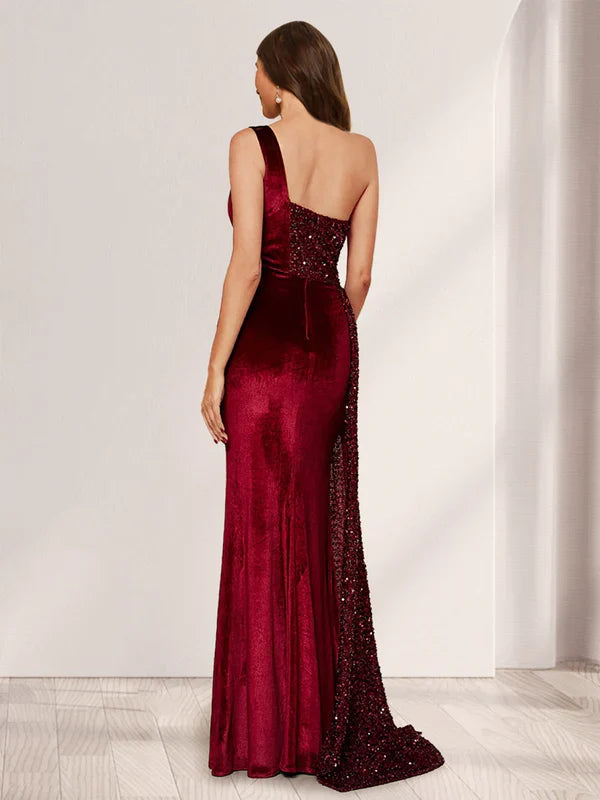 Luxe Mermaid One-Shoulder Open-Back Sequin-Velvet Burgundy Train-Floor-Length Prom Dresses