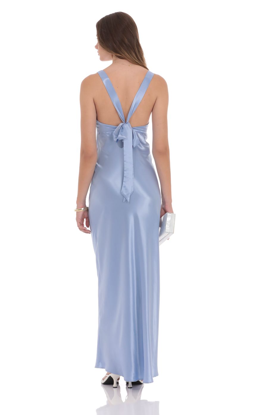 Luxe Sheath Deep-V-Neck Sleeveless Bow-Back Sky Blue Satin Floor-Length Prom Dresses