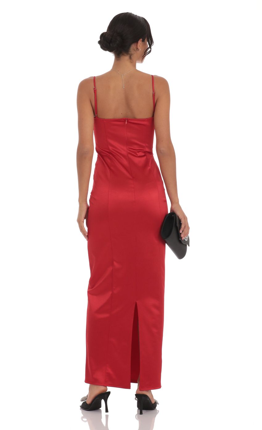 Luxe Sheath Spaghetti-Strap Bow-Accent V-Neck Satin Red Floor-Length Prom Dresses