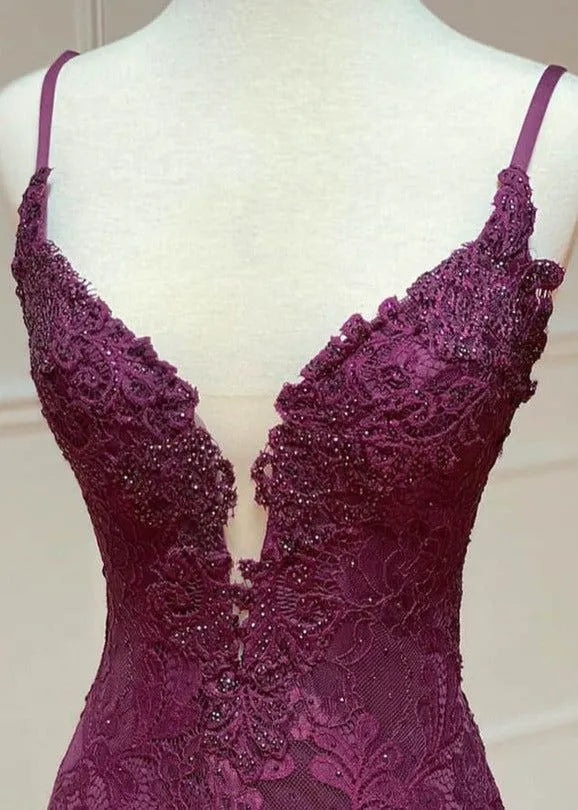 Luxe Beaded Lace Floor-Length Evening Dress Burgundy Deep-V Spaghetti-Strap for Women